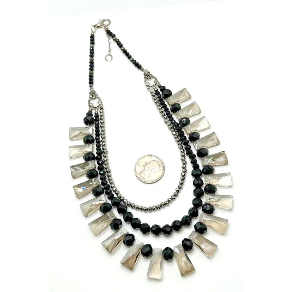 Vintage Crystal Collar Necklace Black Smoky Bead Multi Strand Statement 18